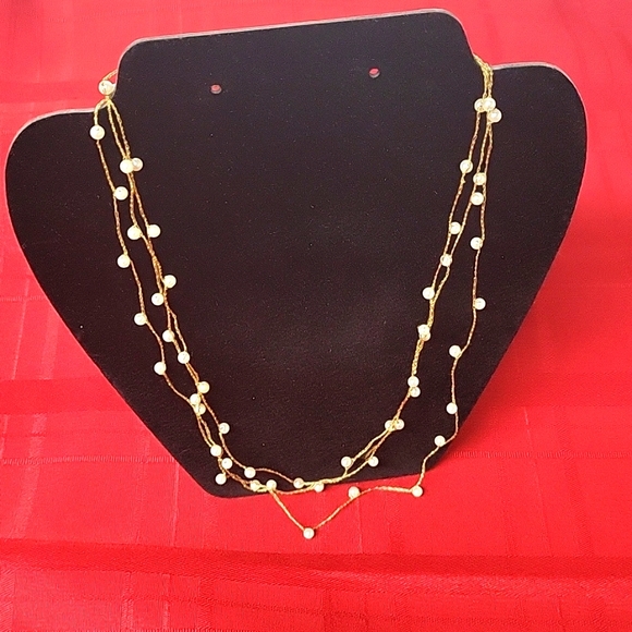 Beaded Sweater Necklace. Faux Pearl Beads. Delicate Gold Metallic Thread - Picture 1 of 8